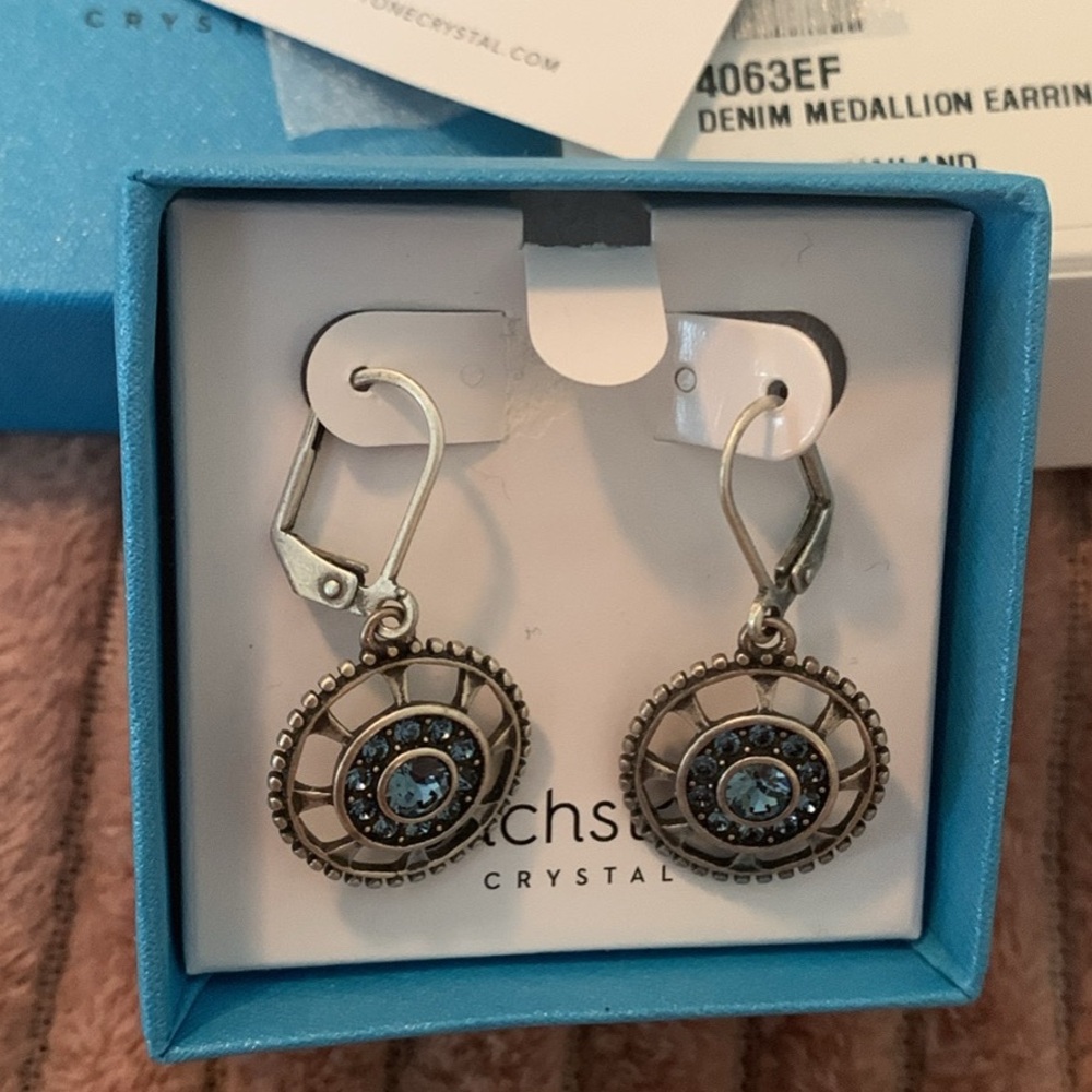 Touchstone Crystal Blue Gift Box Denim Medallion Earrings